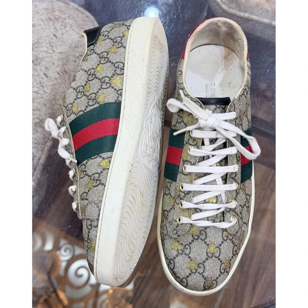 Gucci Ace GG Supreme Bee Sneakers Beige Ebony Monogram Size 41 Low Top Mens